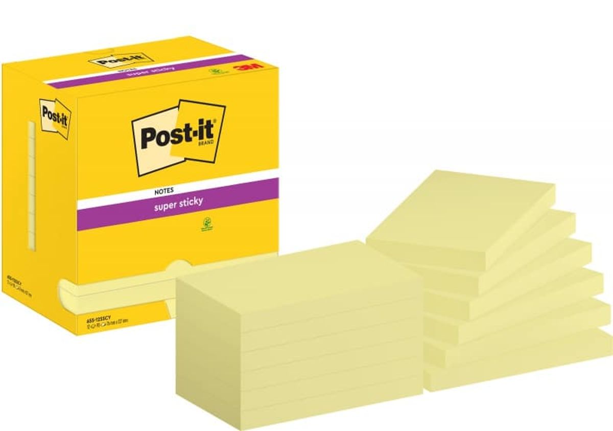 Sticky notes POST-IT® Super Sticky (655-S), 127x76mm, 12x90 ark, lys gul,.