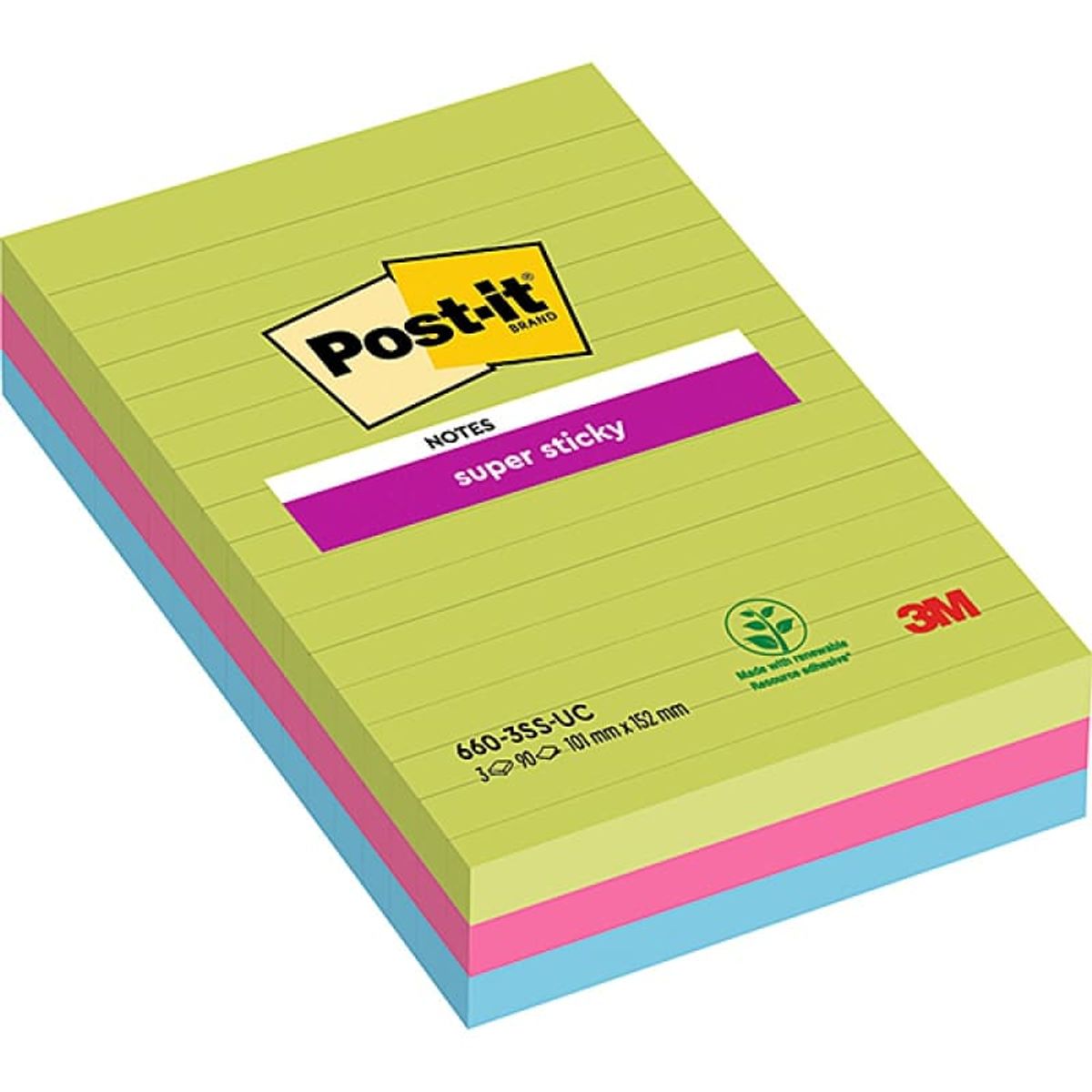 Sticky notes POST-IT® Super Sticky i linjer (660 - 3 SSUC), 102x152mm, 3x90 ark, neon,.