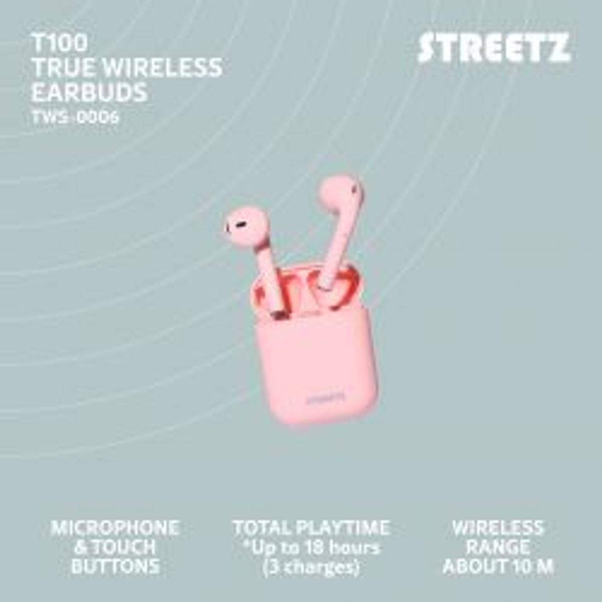 Streetz T100 True Wireless Large Semi-in-ear, Pink - Høretelefon