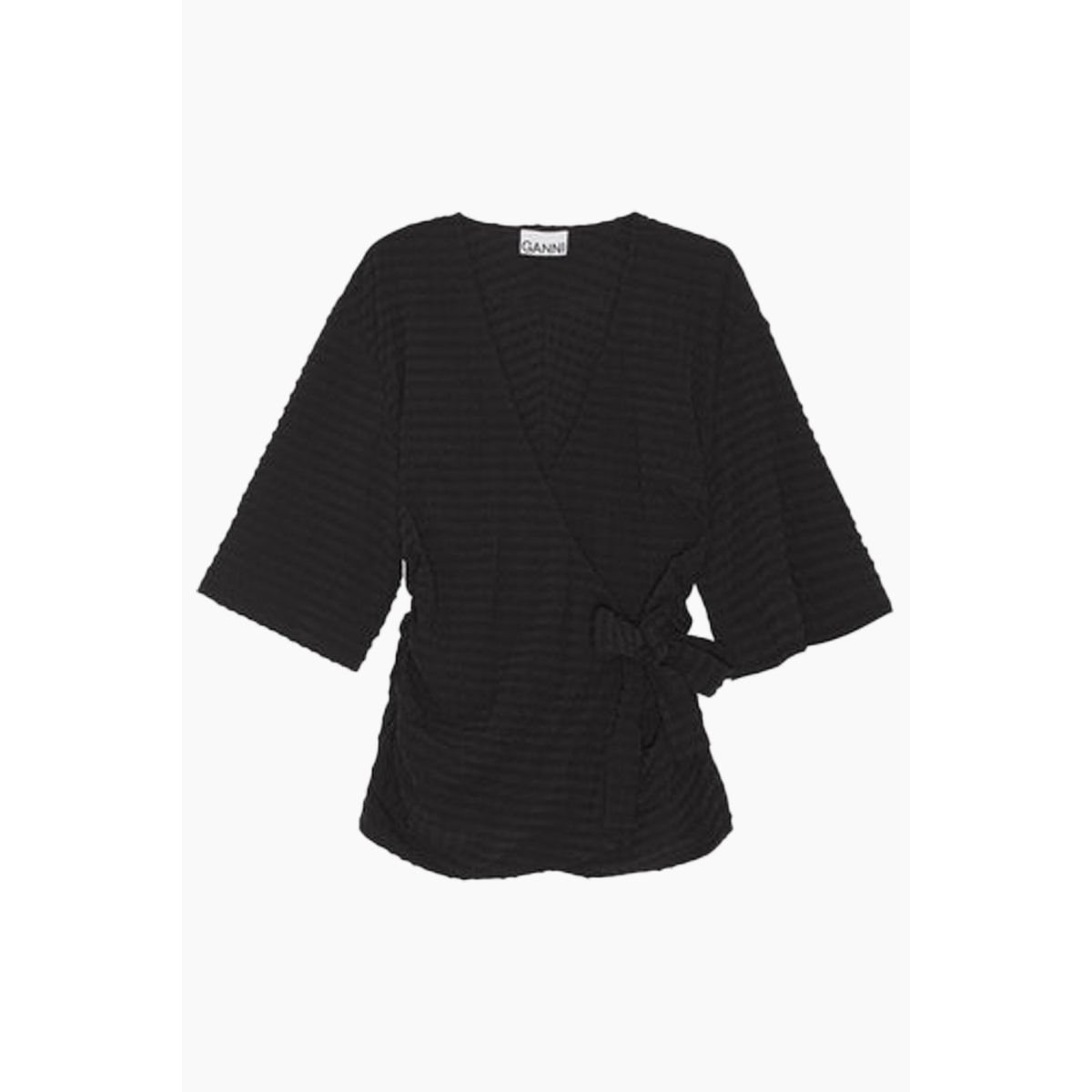 Stretch Seersucker Wrap Blouse F8300 - Black - GANNI - Sort S