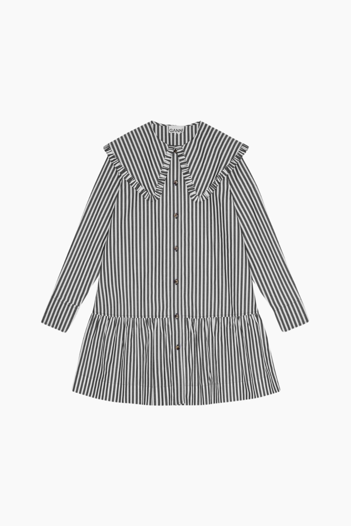 Stripe Cotton Big Collar Mini Shirt Dress W0098 - Black - GANNI - Stribet L