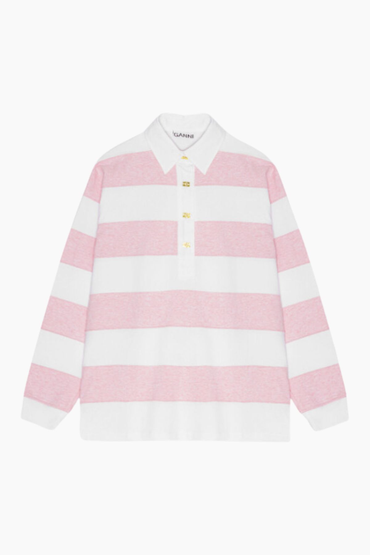 Striped Heavy Cotton Polo T4121 - Mauve Chalk - GANNI - Stribet XS