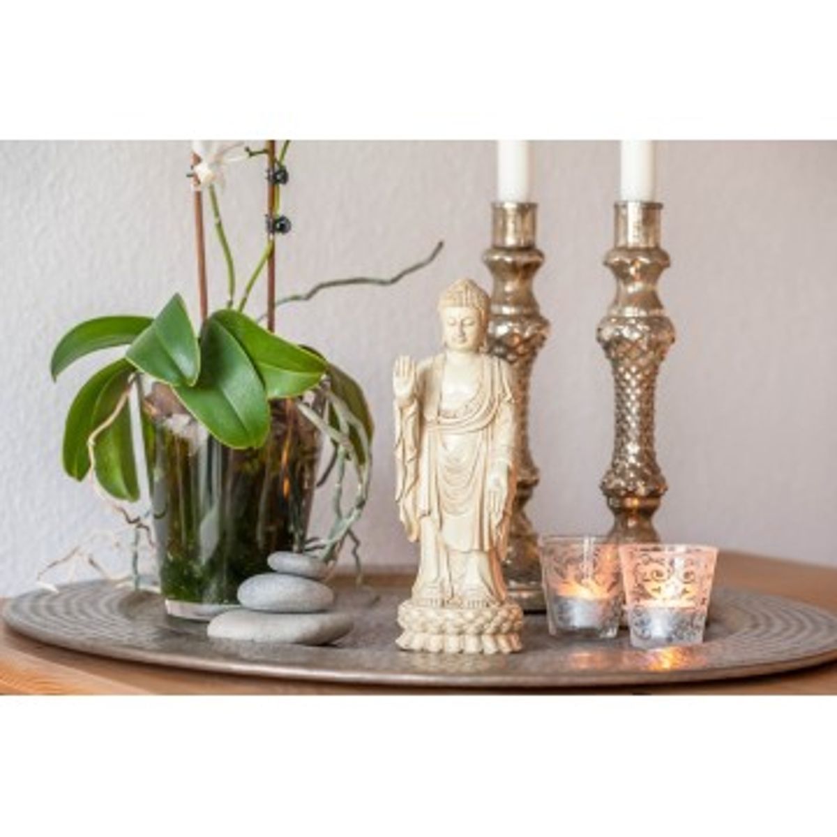 Stående Buddha-figur (hvid-sten finish) - Buddha statuer generelt - GodKarmaShop