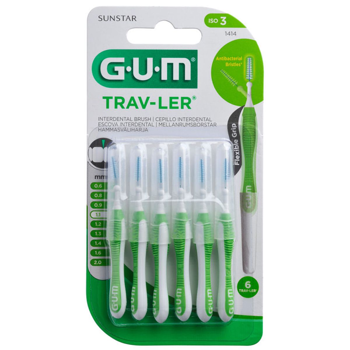 Sunstar gum trav-ler interdental brush iso 3 1,1mm flexible grib 6 stk.