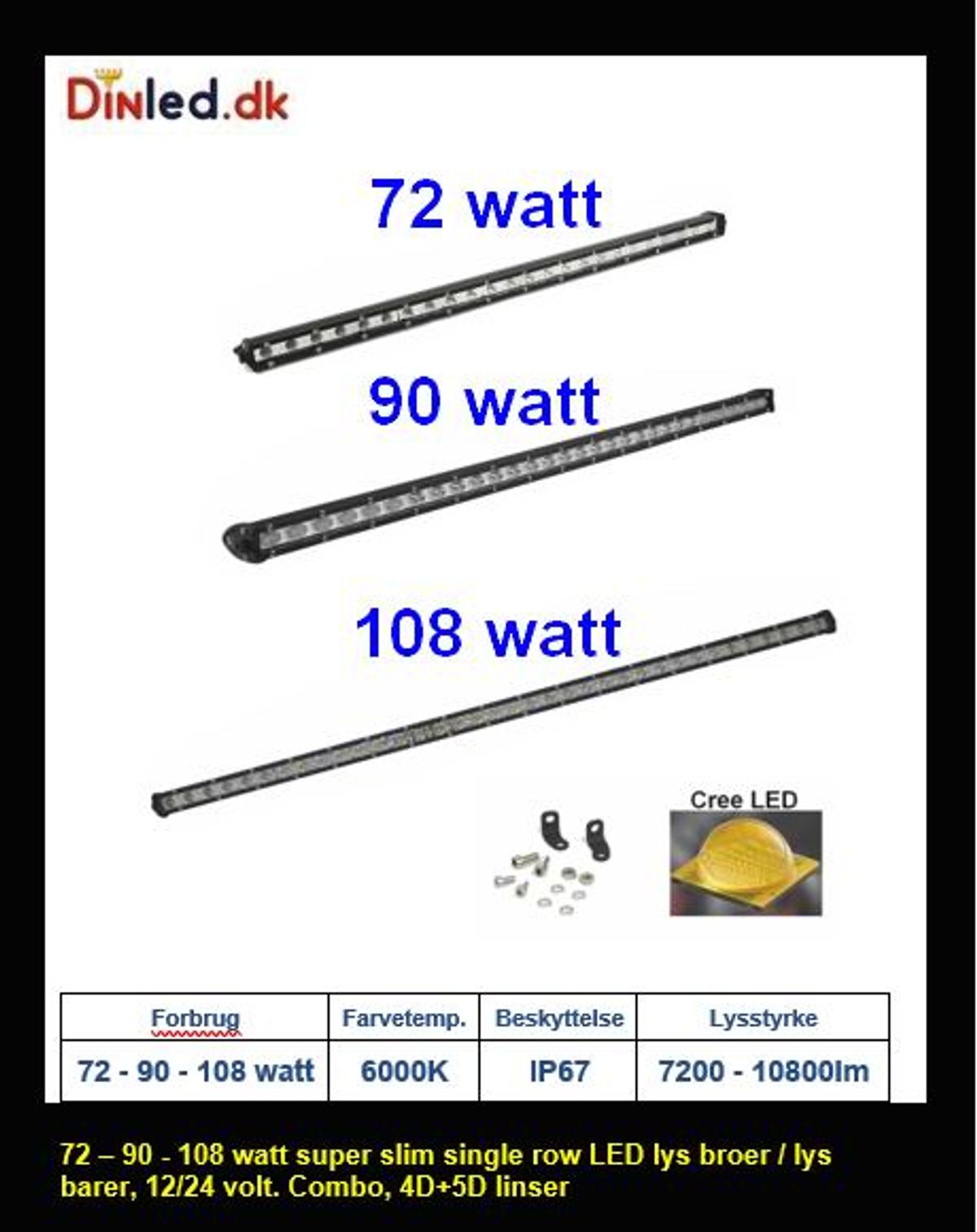 Super slim 36 - 54 - 72 - 90 - 108 - 126 - 144 watt single row LED Lys bro / lys bar - Dinled - Køretøjs projektører