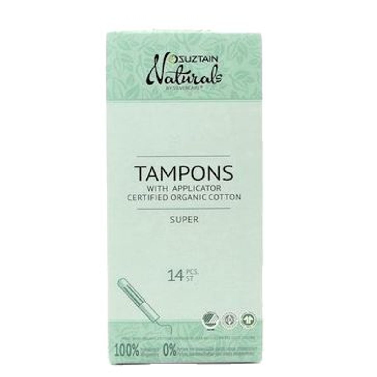 Suztain - Naturals - Økologisk Bomuld Tampon Med Hylster - 14 Stk - Super