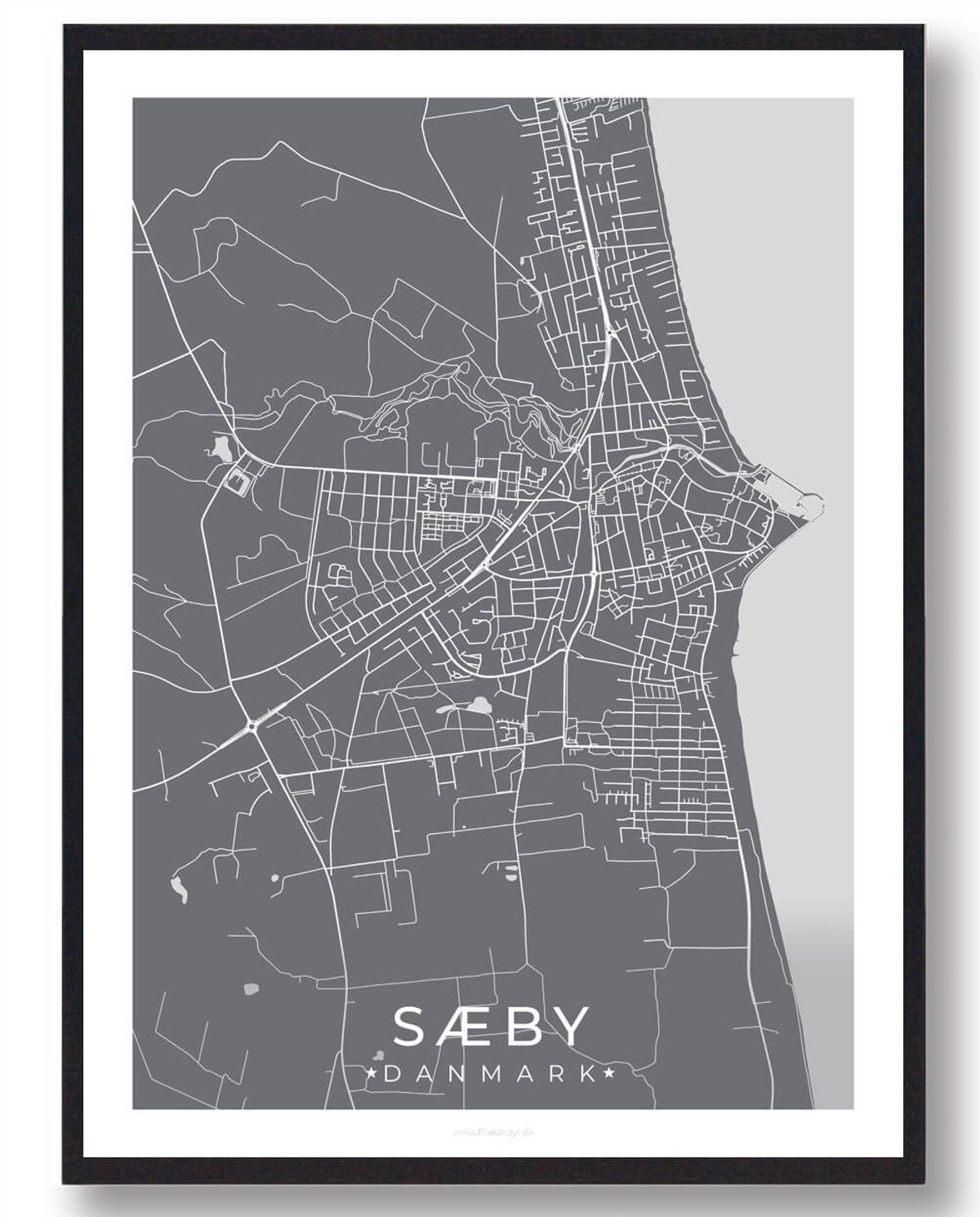 Sæby by plakat - grå (Størrelse: L - 50x70cm (B2))