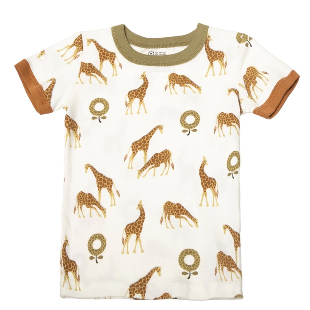 T-shirt råhvid med grøn og brun kant og girafprint