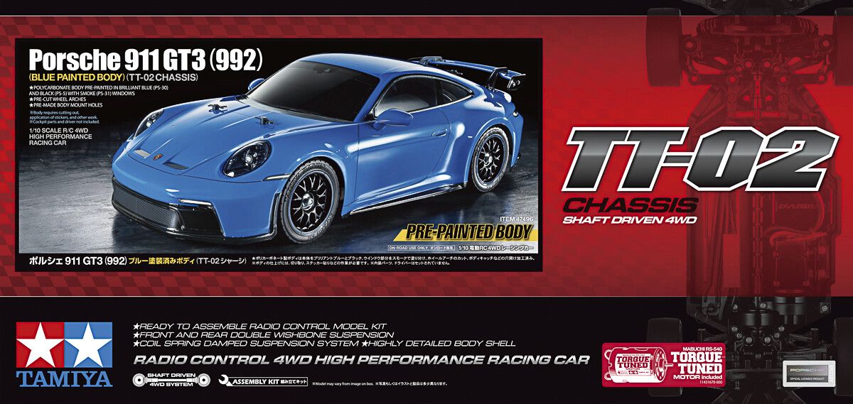 Tamiya - Rc Porsche 911 Gt3 992 Blue Tt-02 Fjernstyret Bil Byggesæt - 1:10 - 47496