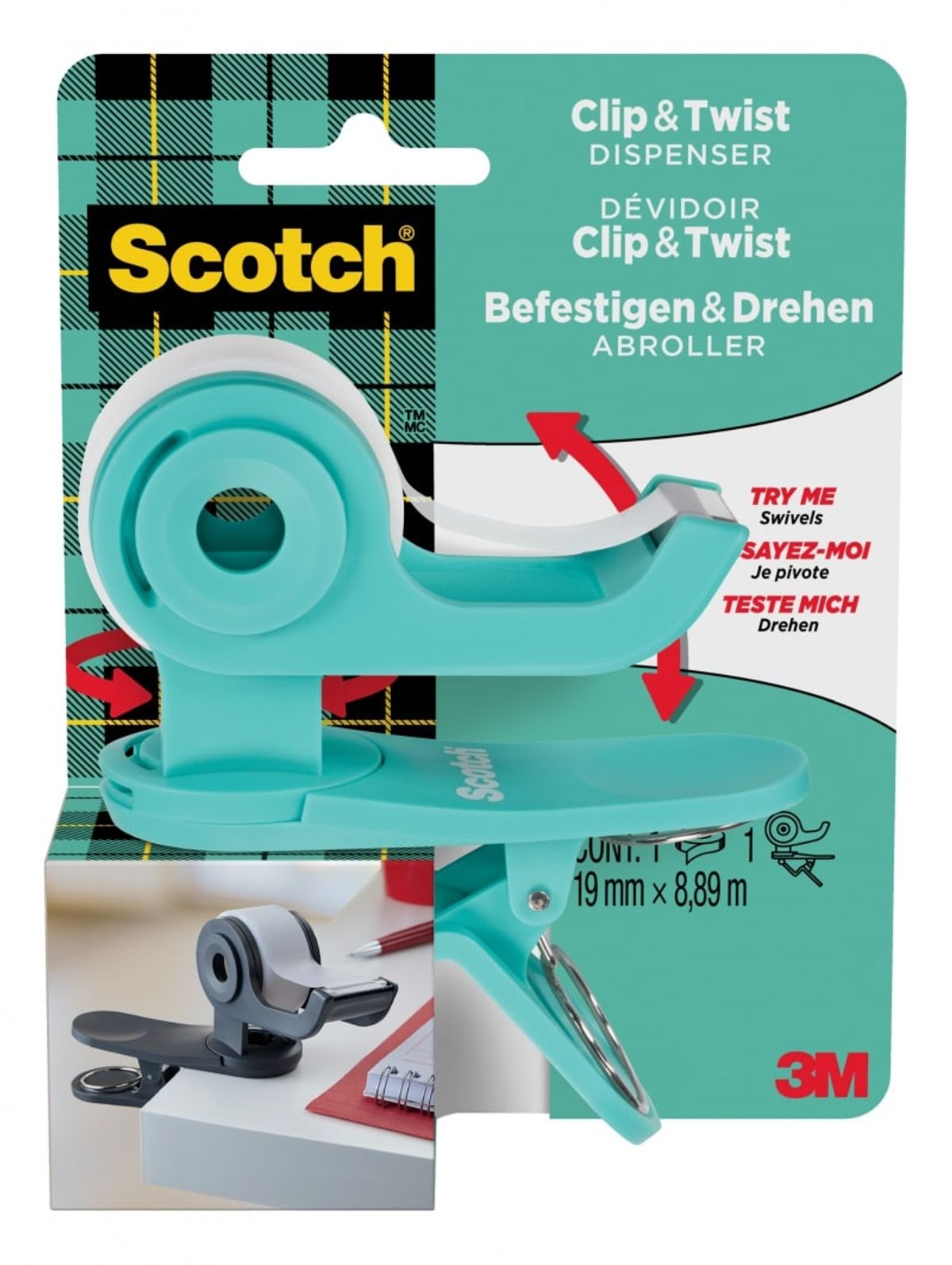 Tape dispenser Scotch® C19 Clip&amp;Twist grøn.