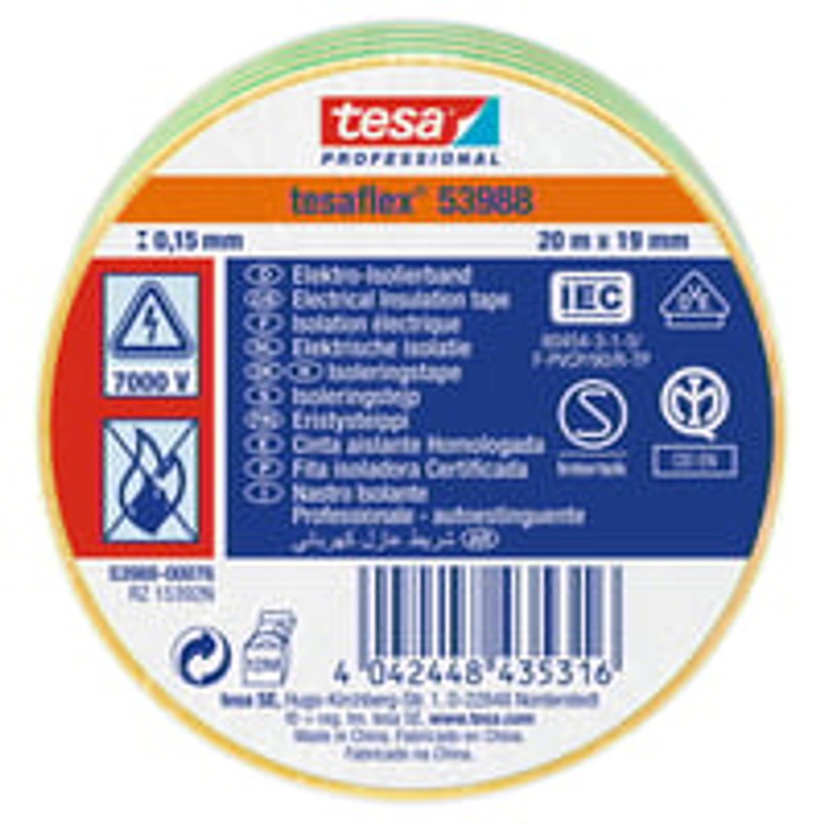 tesa isoleringstape 53988 PVC 19 mm x 20 m, grn/gul