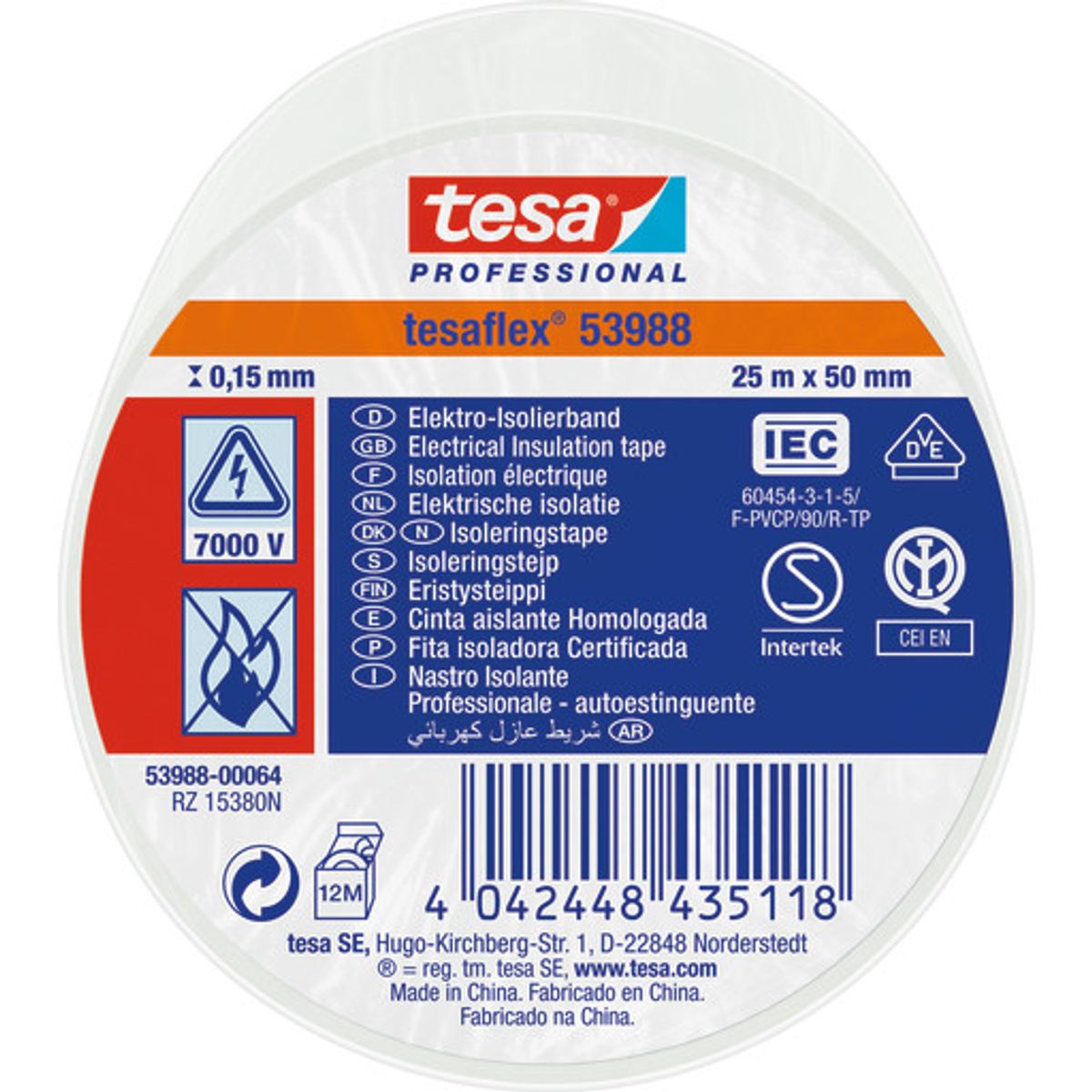 Tesa isoleringstape, hvid, 50 mm, 25 meter