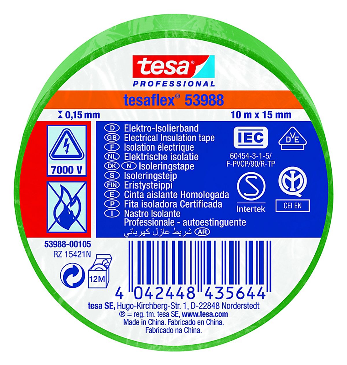 tesa PVC Isoleringstape 10mx15mm Tesaflex VDE/IEC. Grøn