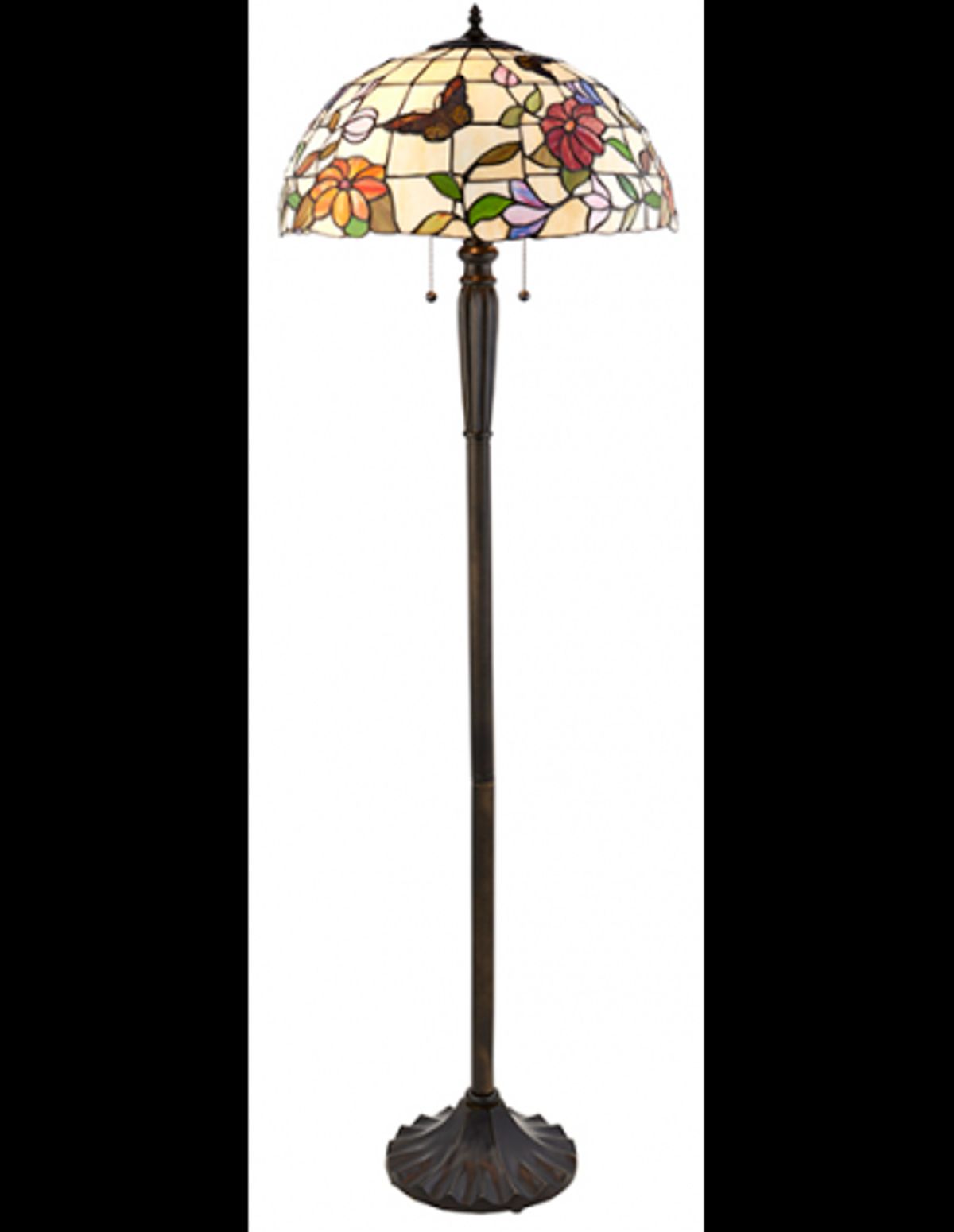 Tiffany Butterfly Gulvlampe i zink og glas H157,5 cm 2 x E27 - Antik bronze/Multi