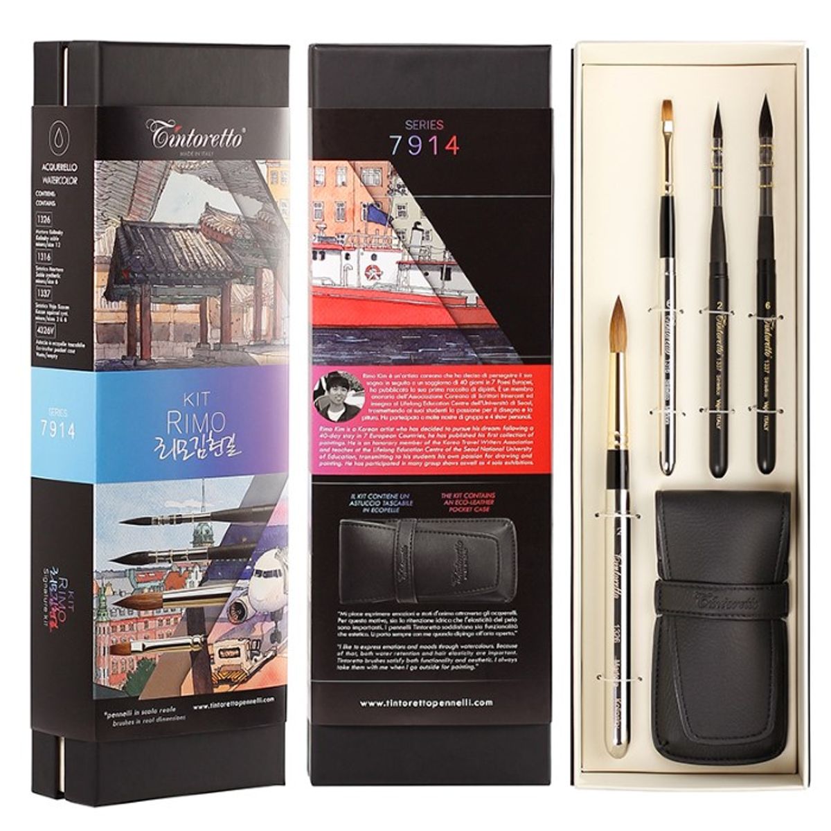 Tintoretto Rimo selection kit with 4 brushes. Ecoleather Pocketcase