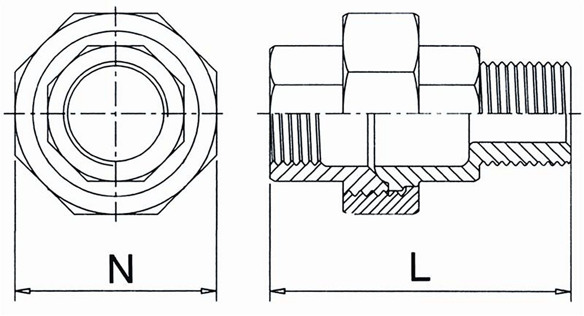 Tipunion 1.1/4'' muffe/nippel. Maskinbearbejdet. Med konisk tættning. L=81. NW=60. Rustfri AISI 325