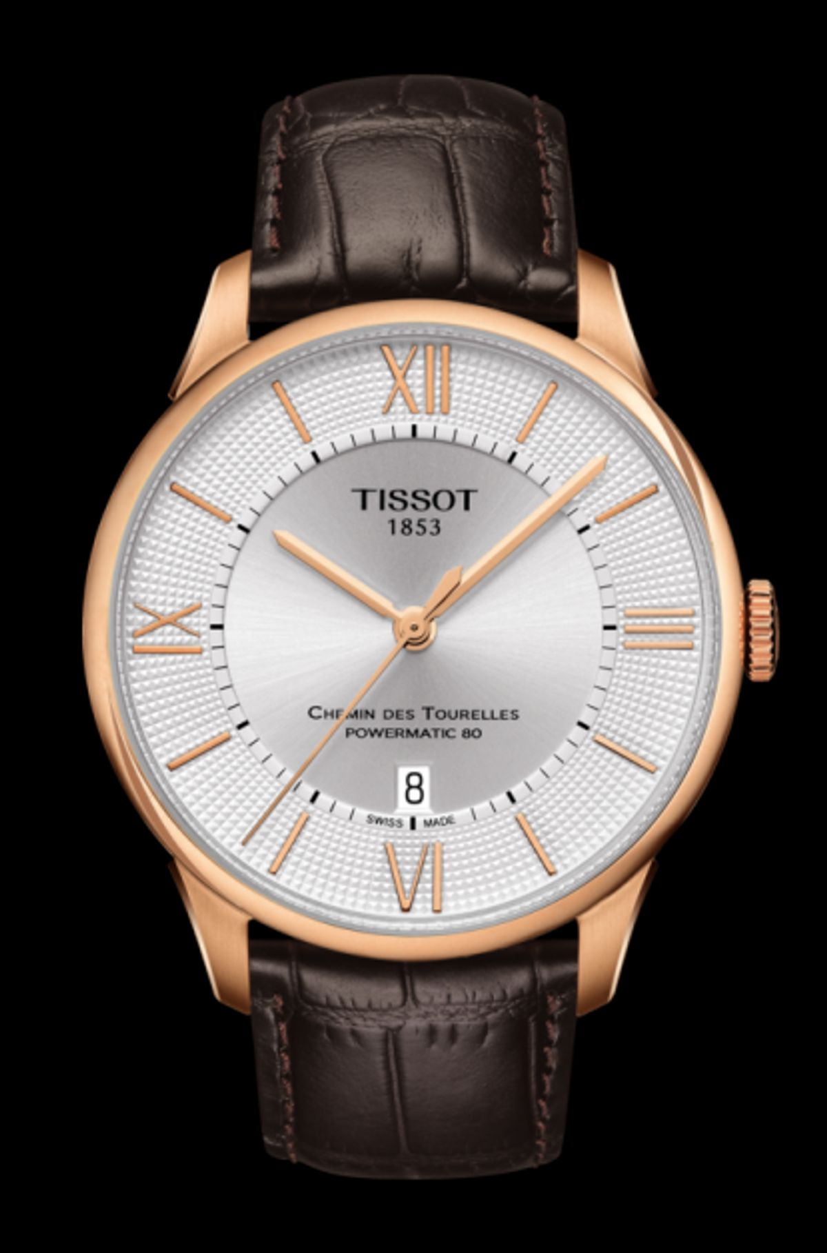 Tissot Chemin des Tourelles automatic armbåndsur i rose stål med sølv skive, romertal og brun rem