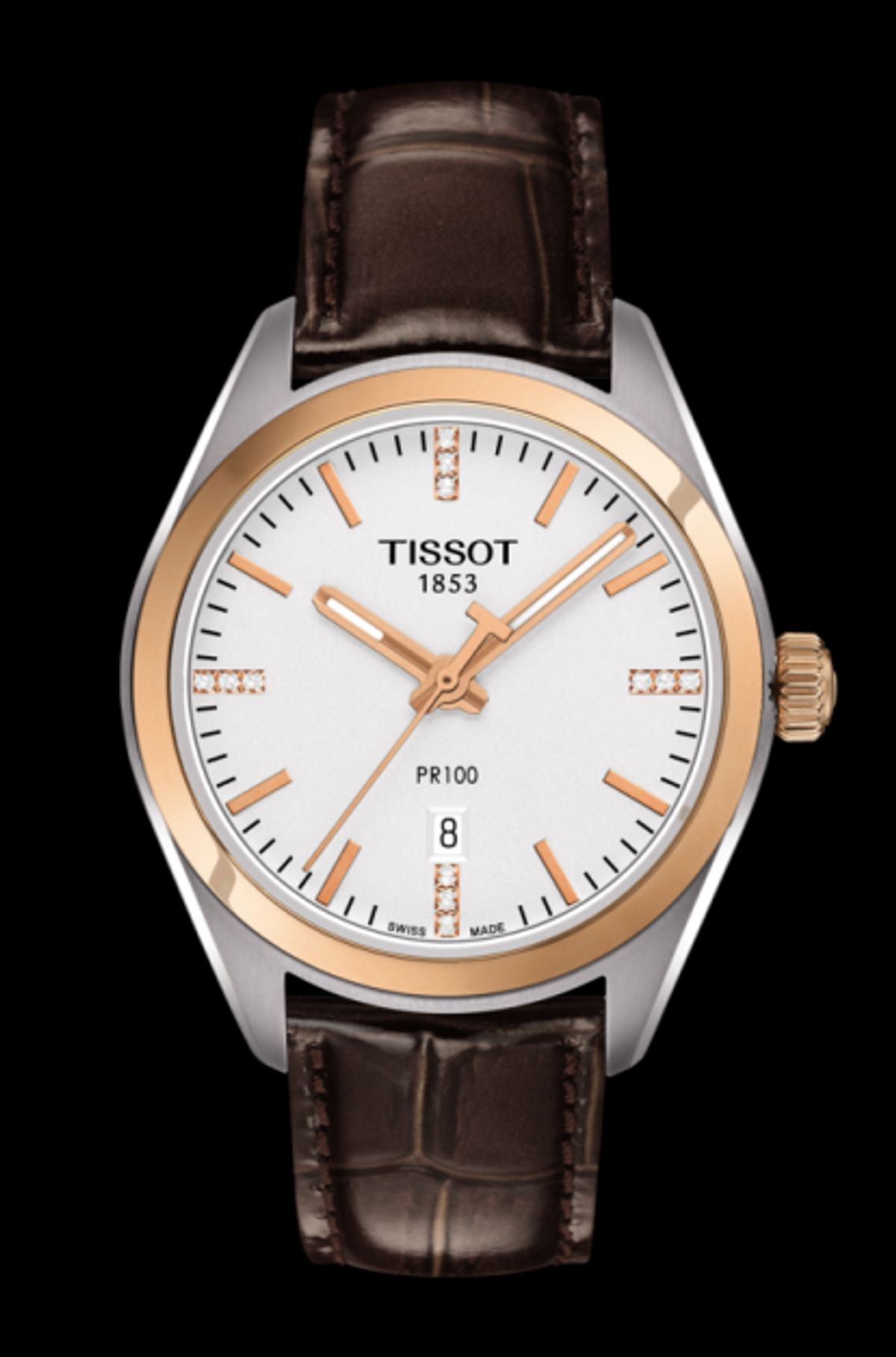 Tissot PR 100 Classic armbåndsur i stål/rosa med brun læderrem og diamanter