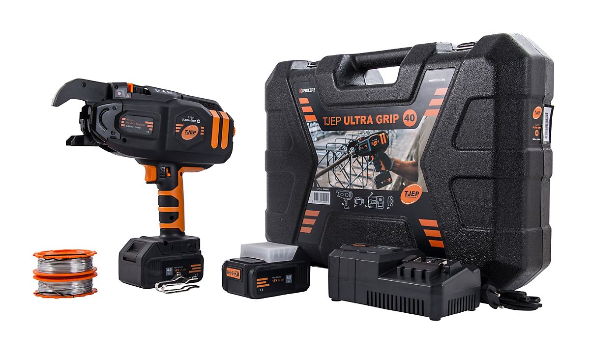 TJEP ULTRA GRIP 40 bindemaskine Med 2 stk 18V 4,0 Ah Li-Ion batterier, lader, 2 ruller tråd & kuffert