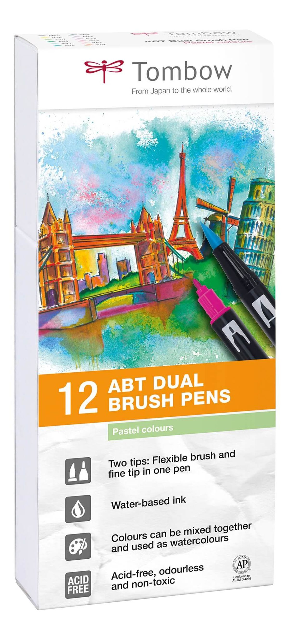 Tombow ABT Dual Brush 12P-2 Pastel, 12 stk, tusch med dobbeltspids