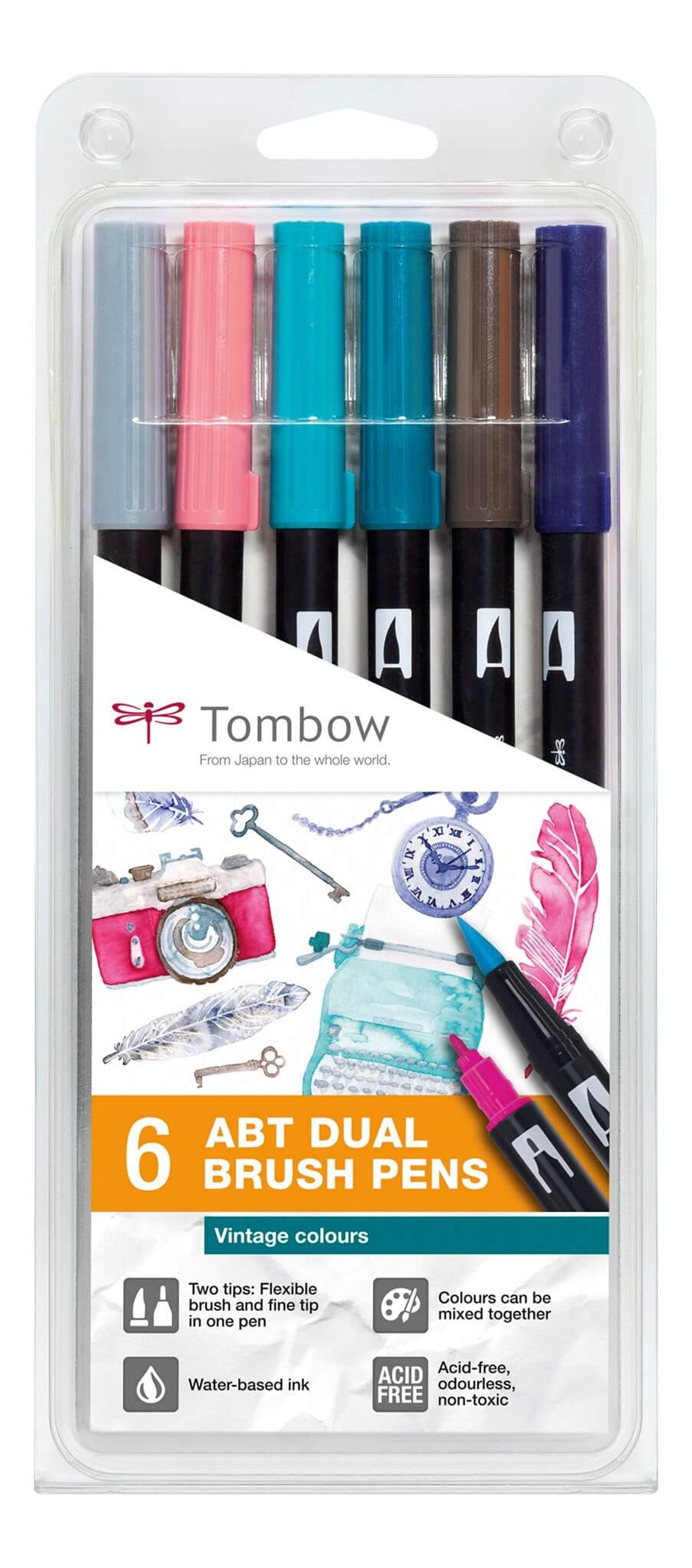 Tombow ABT Dual Brush 6P-5 Vintage, 6 stk, tusch med dobbeltspids