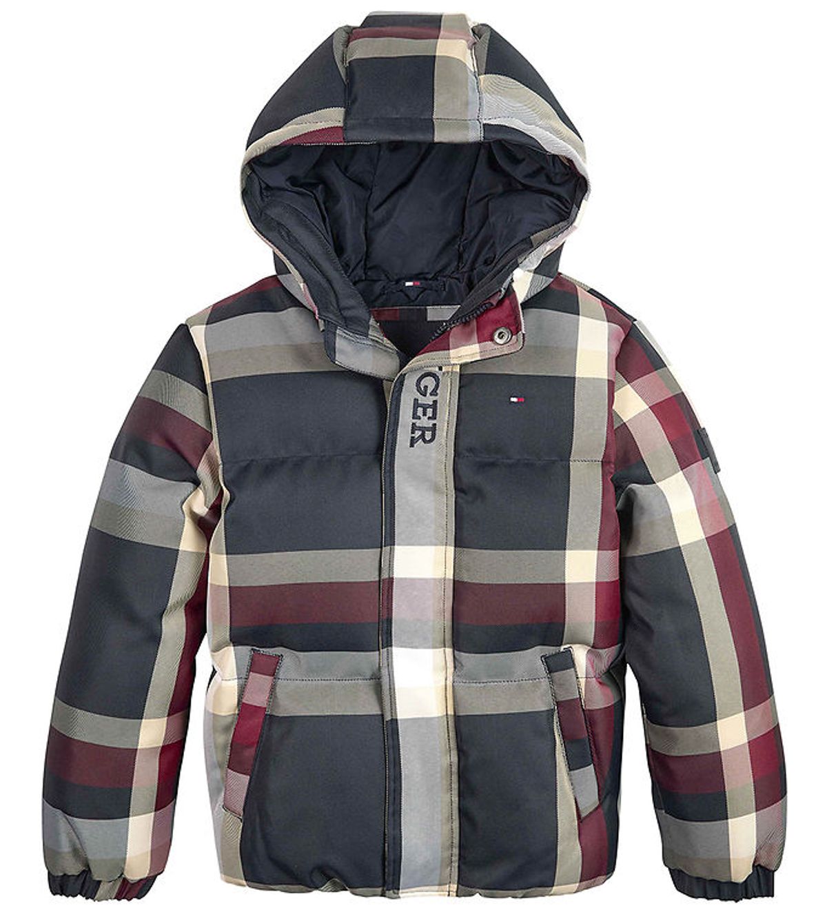 Tommy Hilfiger Dynejakke - Global Stripe Check - Rød/Hvid/Navyte