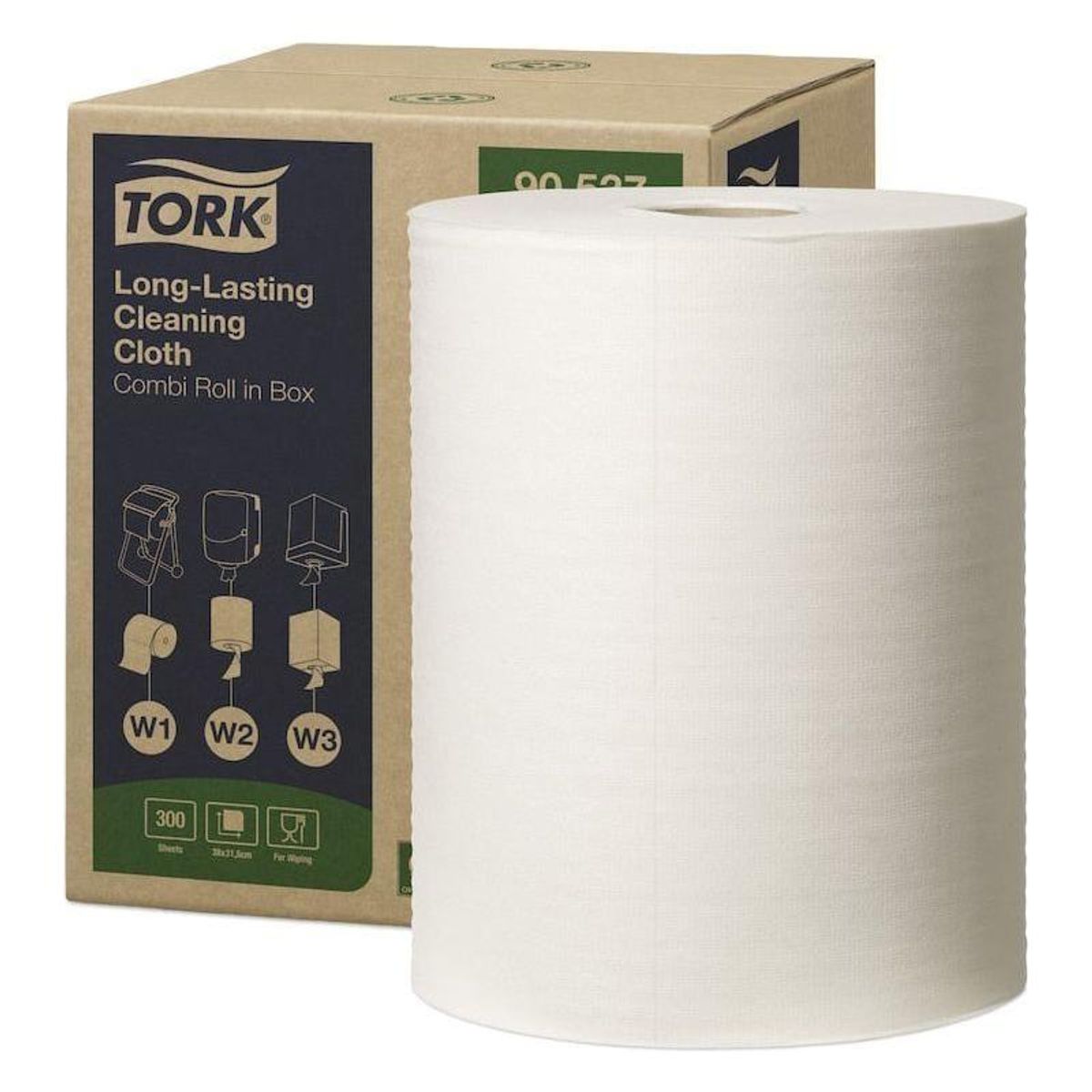 Tork aftørringsklud 90537 Kombirulle i box hvid 114 meter 300 ark W1/W2/W3