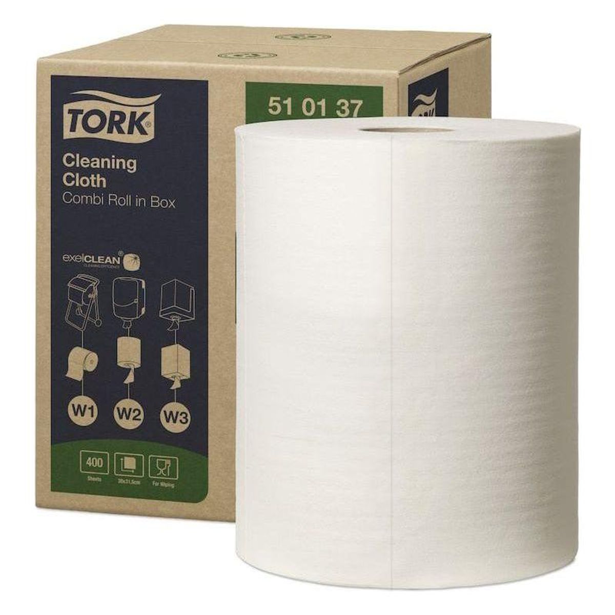 Tork aftørringsklud i box 510137 hvid 152 meter 400 ark W1/W2/W3