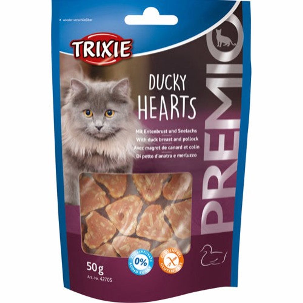 Trixie Premio Katte Snack Godbidder - Med Hjerte, Andebryst og Sejfisk - 50g - Sukkerfrie