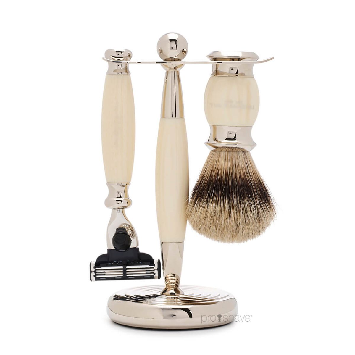 Truefitt & Hill Barbersæt med Mach3 Skraber, Grævlingebørste og holder, Edwardian, Faux Ivory