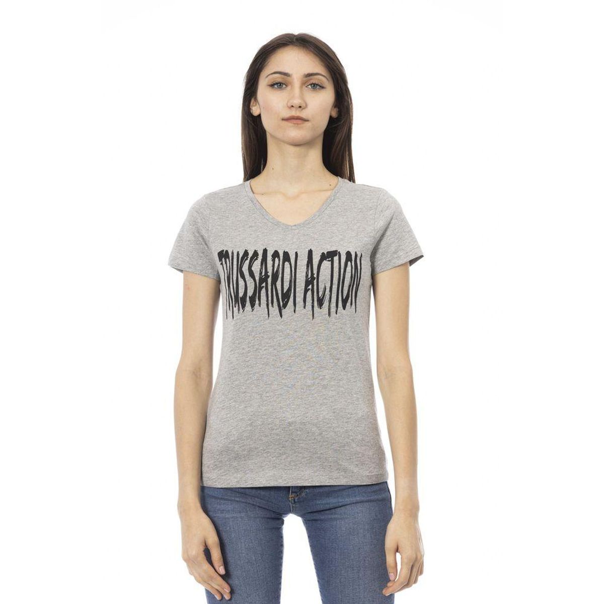 Trussardi Action Elegant Gray V-Neck Tee with Chic Print