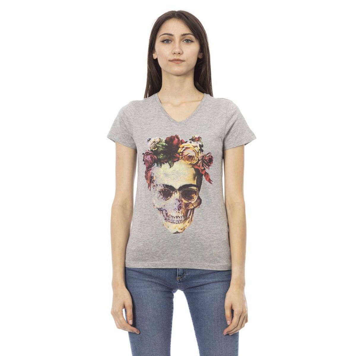 Trussardi Action Elegant Gray V-Neck Tee with Front Print