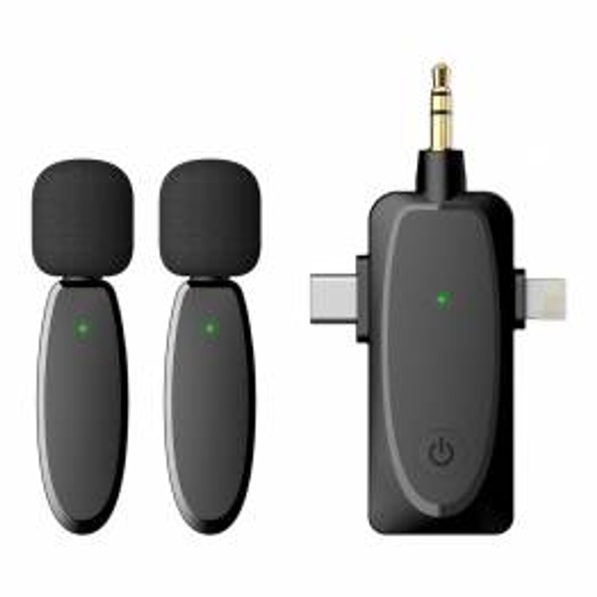 Trådløs dobbelt mikrofon Clip on med Mini Jack, USB-C og Lightning