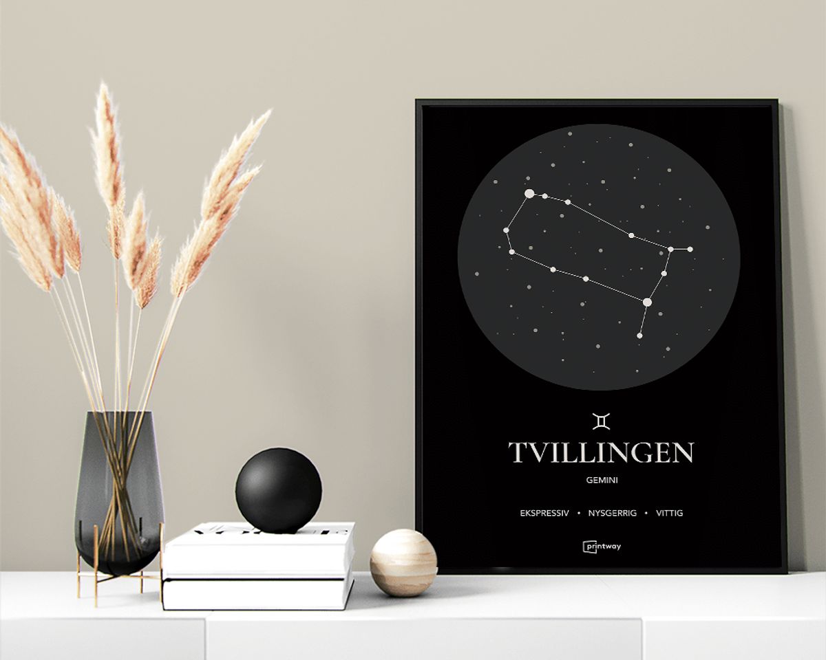 Tvillingen Stjernetegn Plakat Sort 42×60 cm (A2)