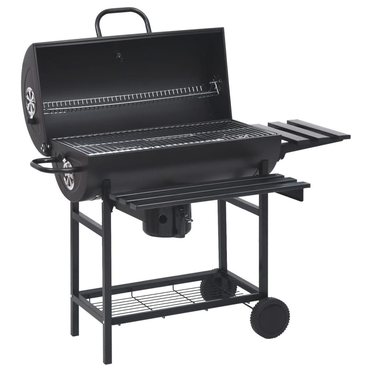 Tøndegrill med hjul og hylder 115x85x95 cm stål sort