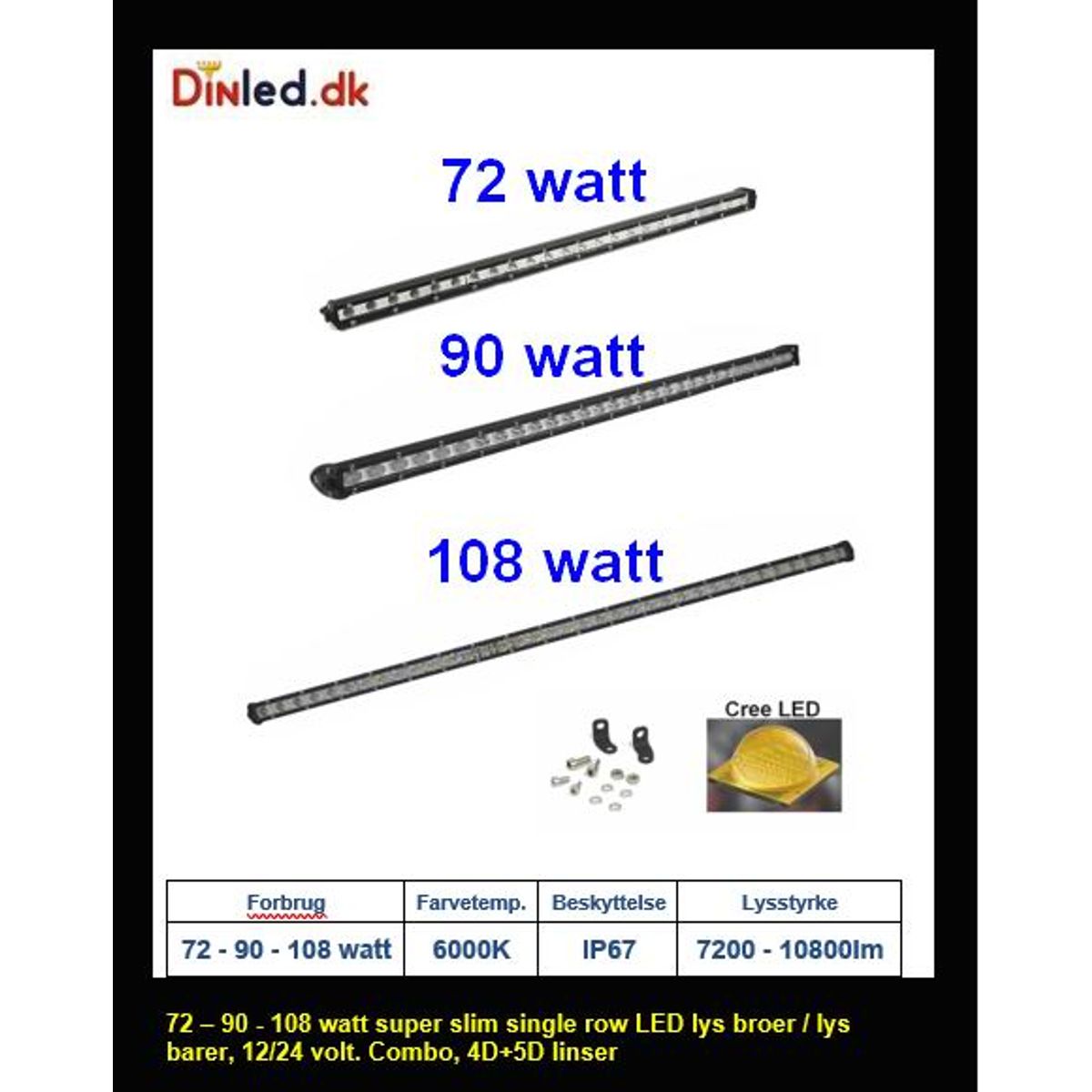 UDSALG - Super slim 36 - 54 - 72 - 90 - 108 - 126 - 144 watt single row LED Lys bro / lys bar - Dinled - Køretøjs projektører