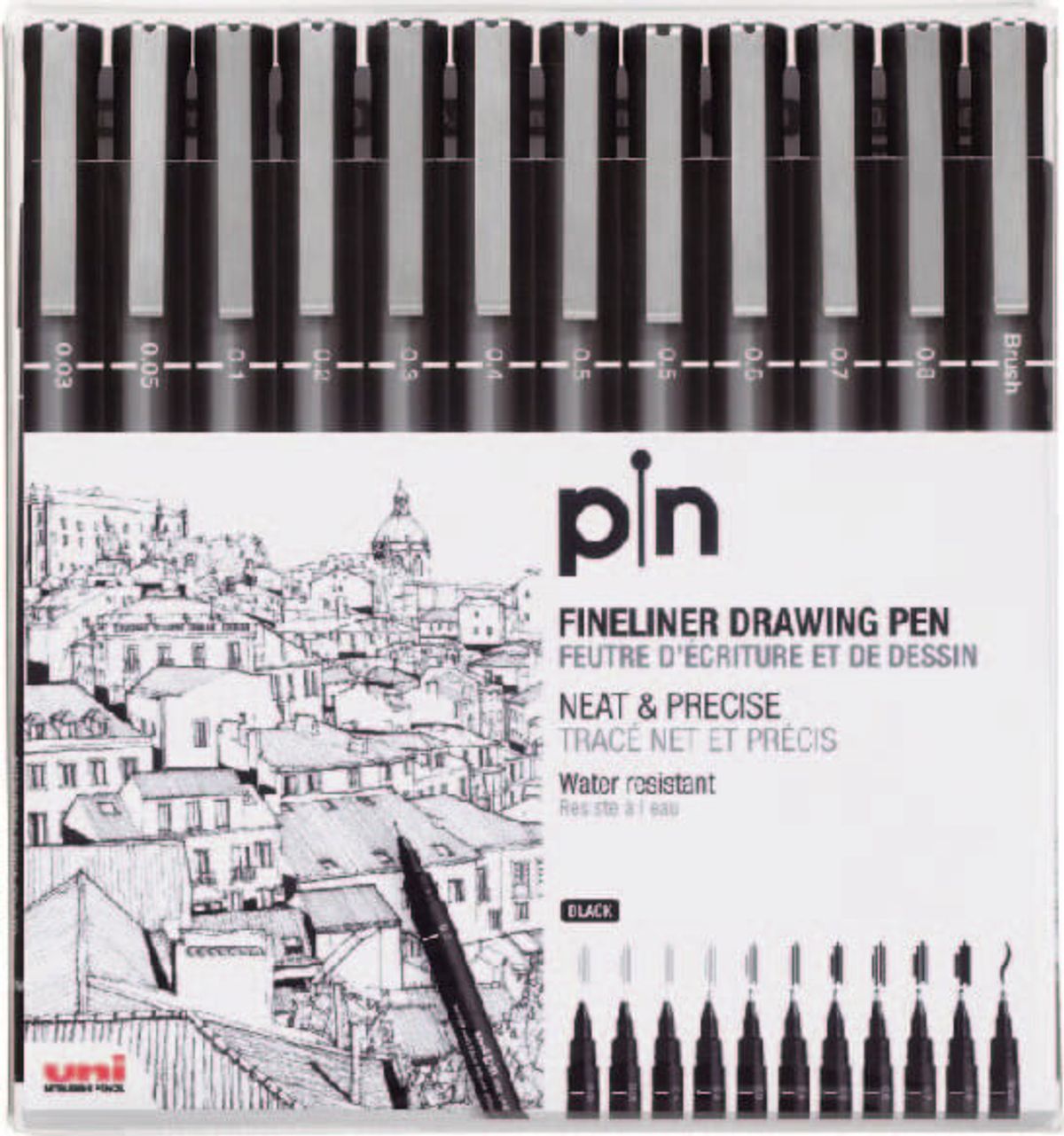 Uni - Pin Fineliner Drawing Pen Sæt - 0,03-0,8 Mm - Sort - 12 Stk