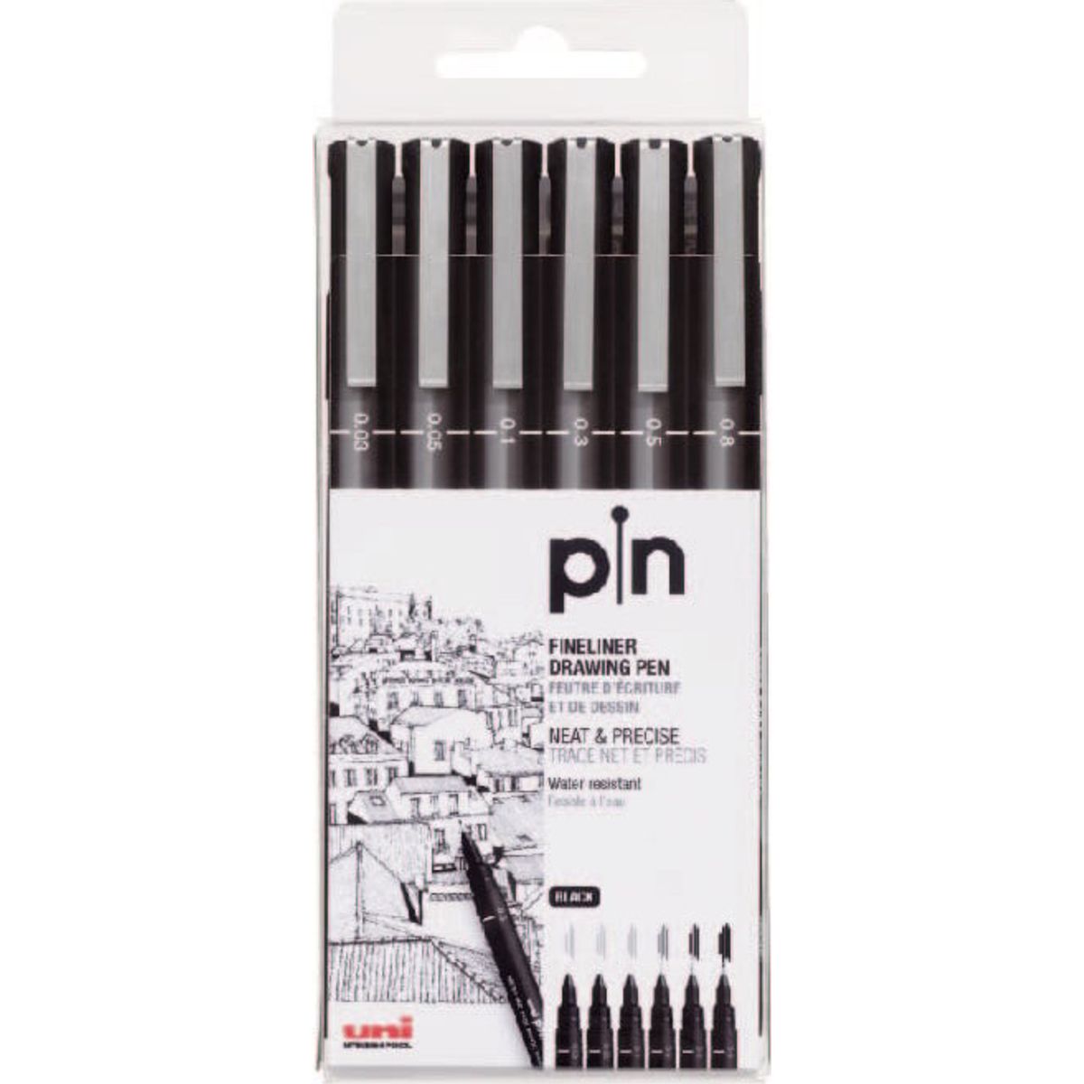 Uni - Pin Fineliner Drawing Pen Sæt - 0,03-0,8 Mm - Sort - 6 Stk