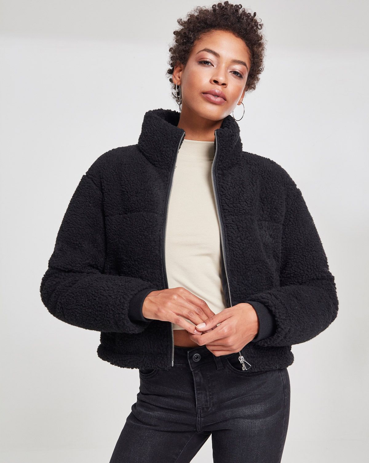 Urban Classics Dame Boxy Sherpa Puffer Jakke Sort