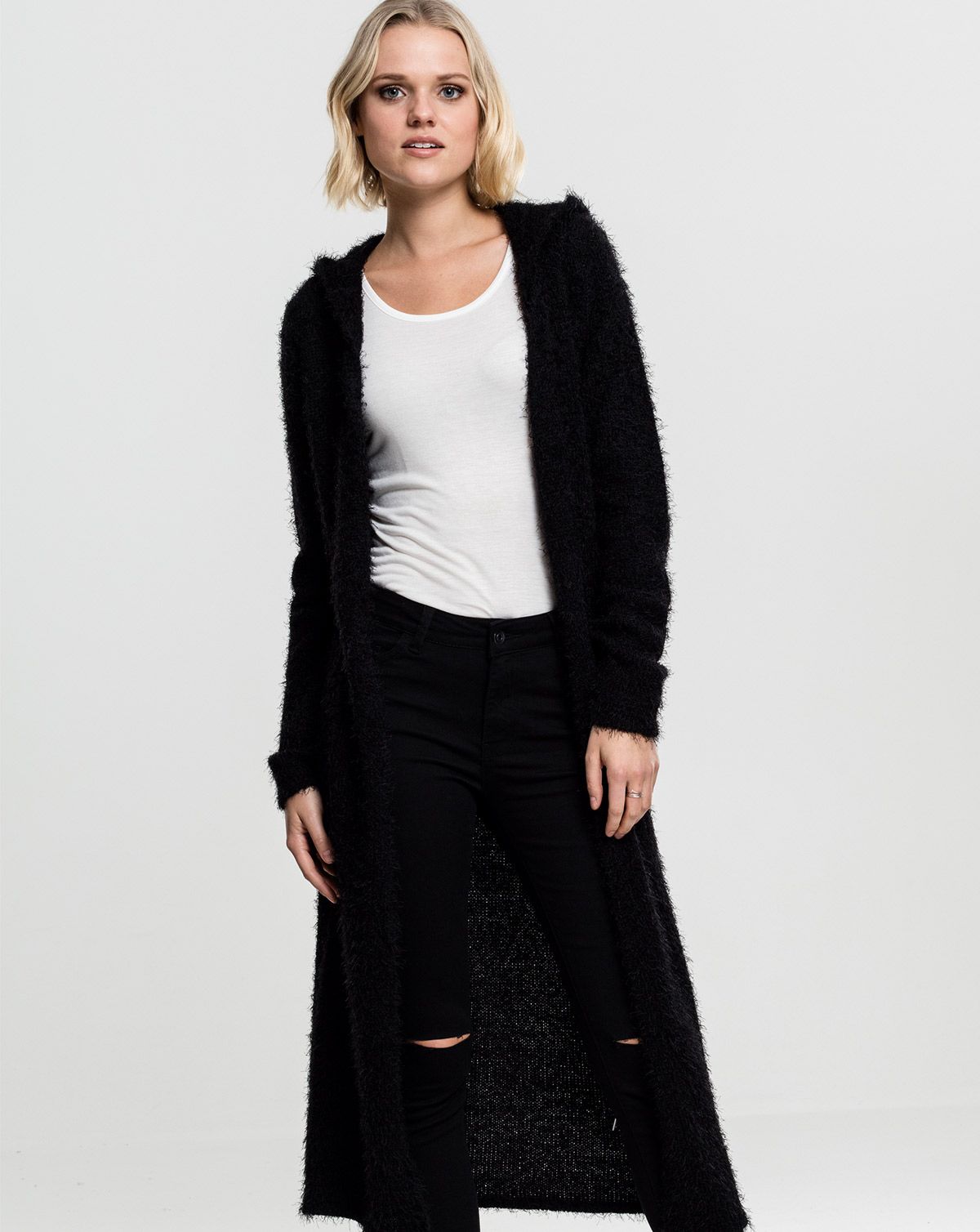 Urban Classics Dame Fjer-cardigan m. hætte Sort