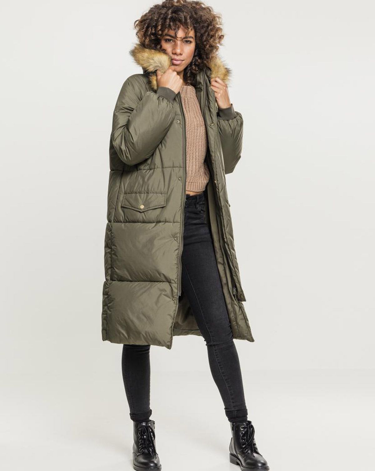 Urban Classics Dame Oversize Faux Fur Puffer Jakke Mørk Oliven / Beige