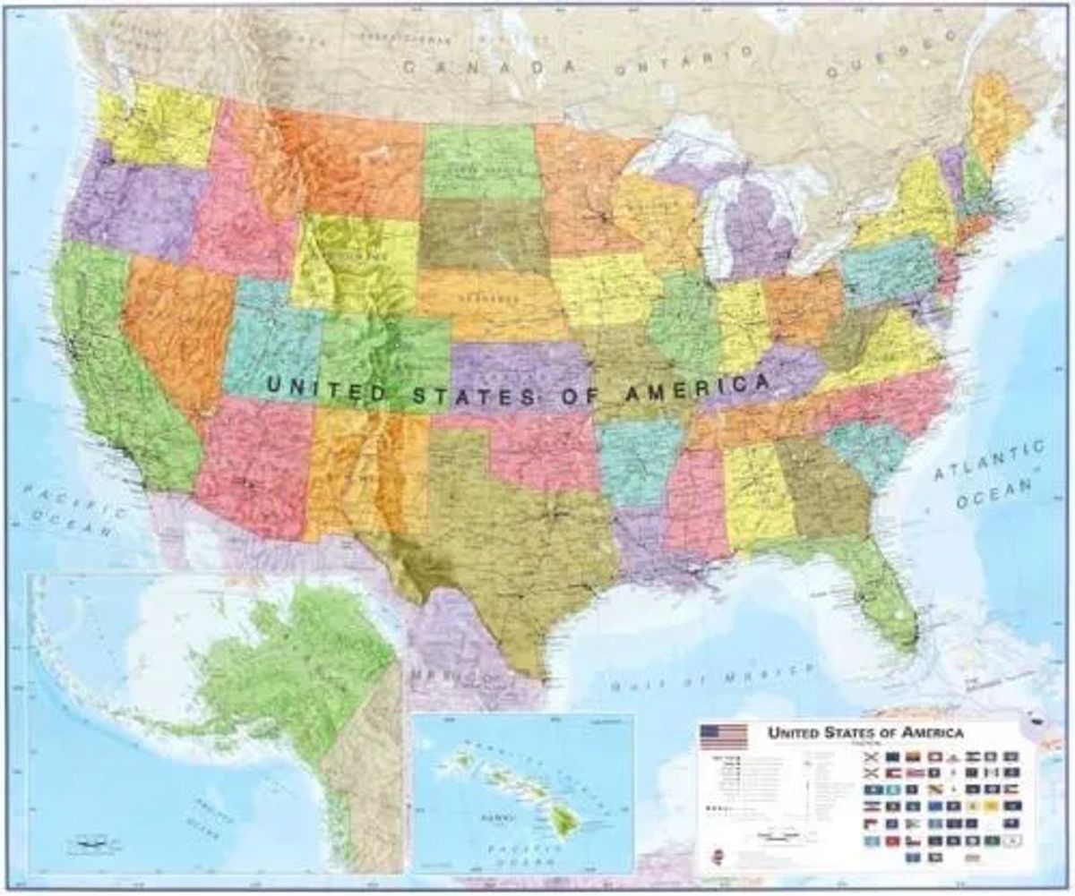 USA political wall map laminated