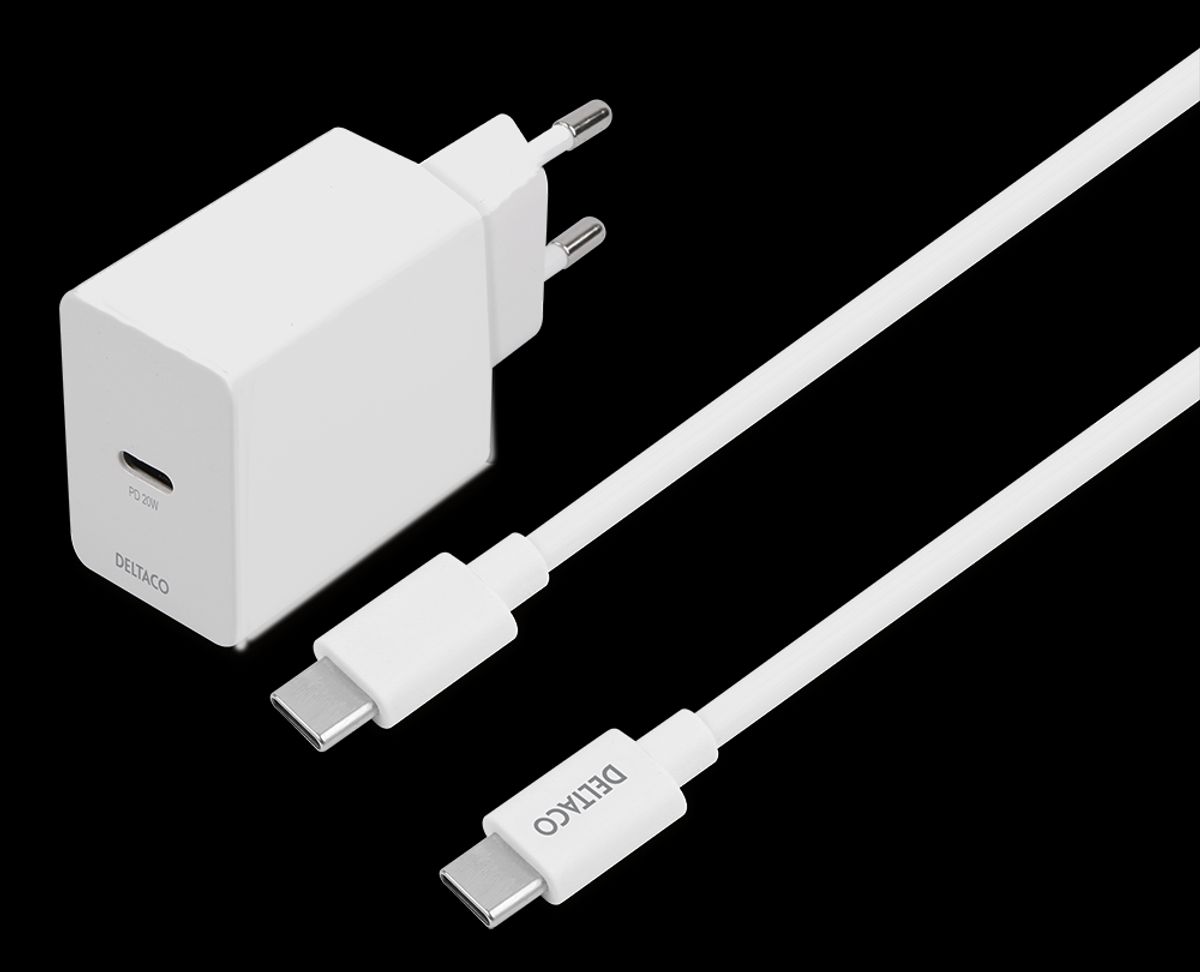 USB-C PD HURTIG oplader / adapter - 20W Inkl. USB-C til USB-C kabel - 5 års garanti