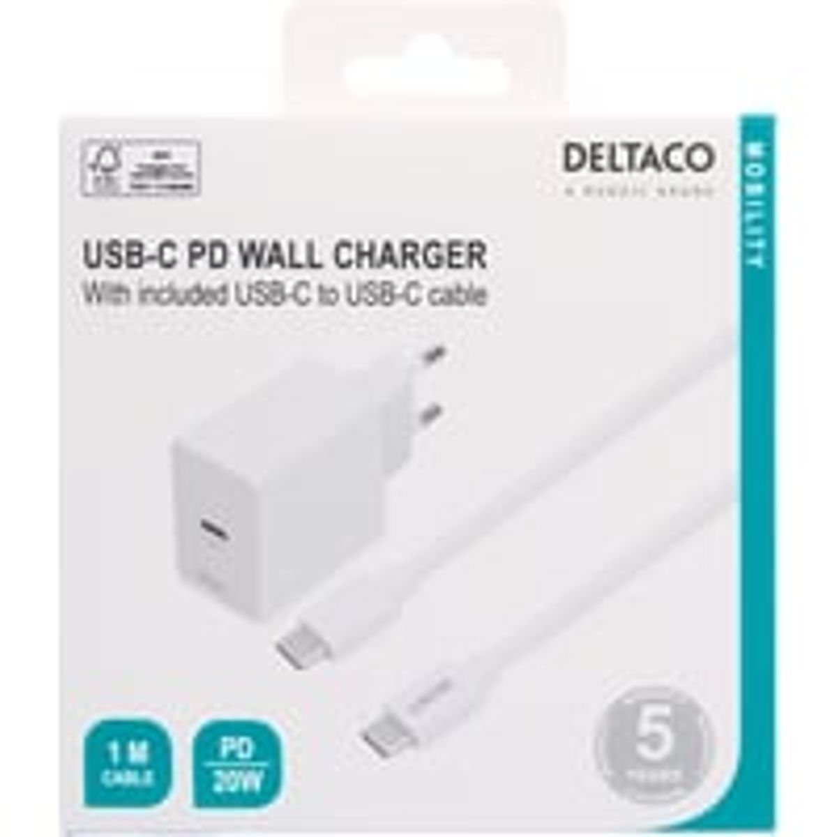 USB-C wall charger, 1x USB-C PD 20 W, 1 m USB-C cable, white