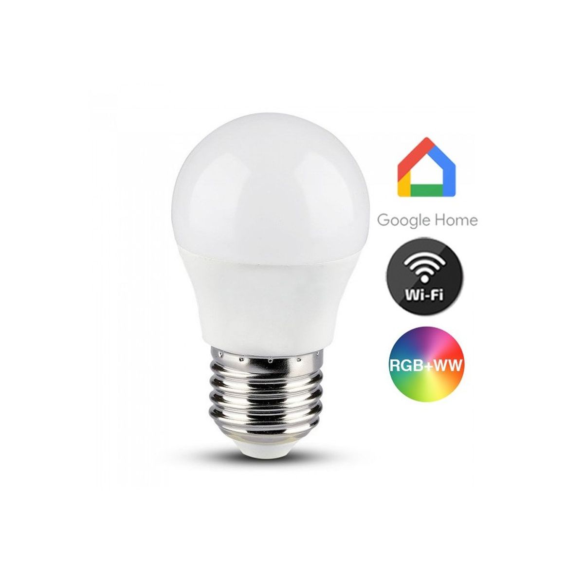 V-Tac 5W Smart Home krone LED pære - Tuya/Smart Life, virker med Google Home, Alexa og smartphones, E27, G45 - Dæmpbar : Via Smart Home, Kulør : RGB + CCT (Varm til Kold Hvid)