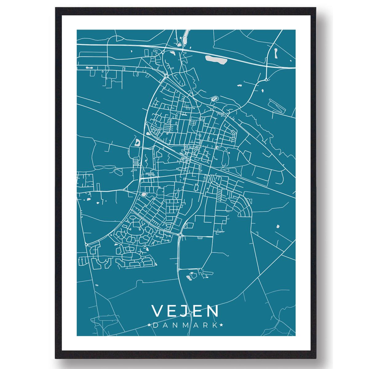 Vejen by plakat - blå (Størrelse: L - 50x70cm (B2))