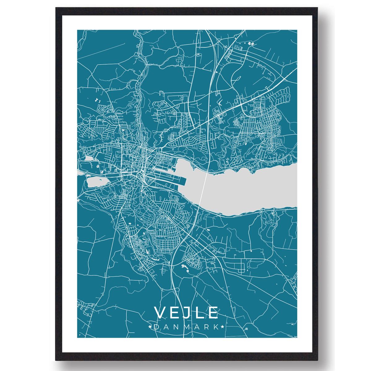 Vejle by plakat - blå (Størrelse: M - 30x40cm)