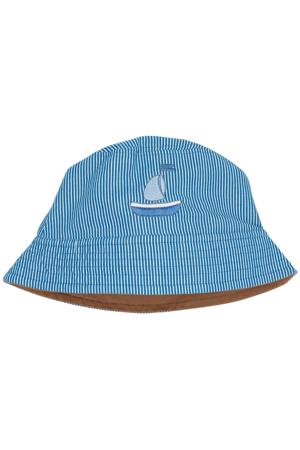 VENDBAR BØLLEHAT M. BRODERI - SHARP BLUE STRIPE/BEIGE - SHARP BLUE STRIPE/BEIGE / 6-9Y