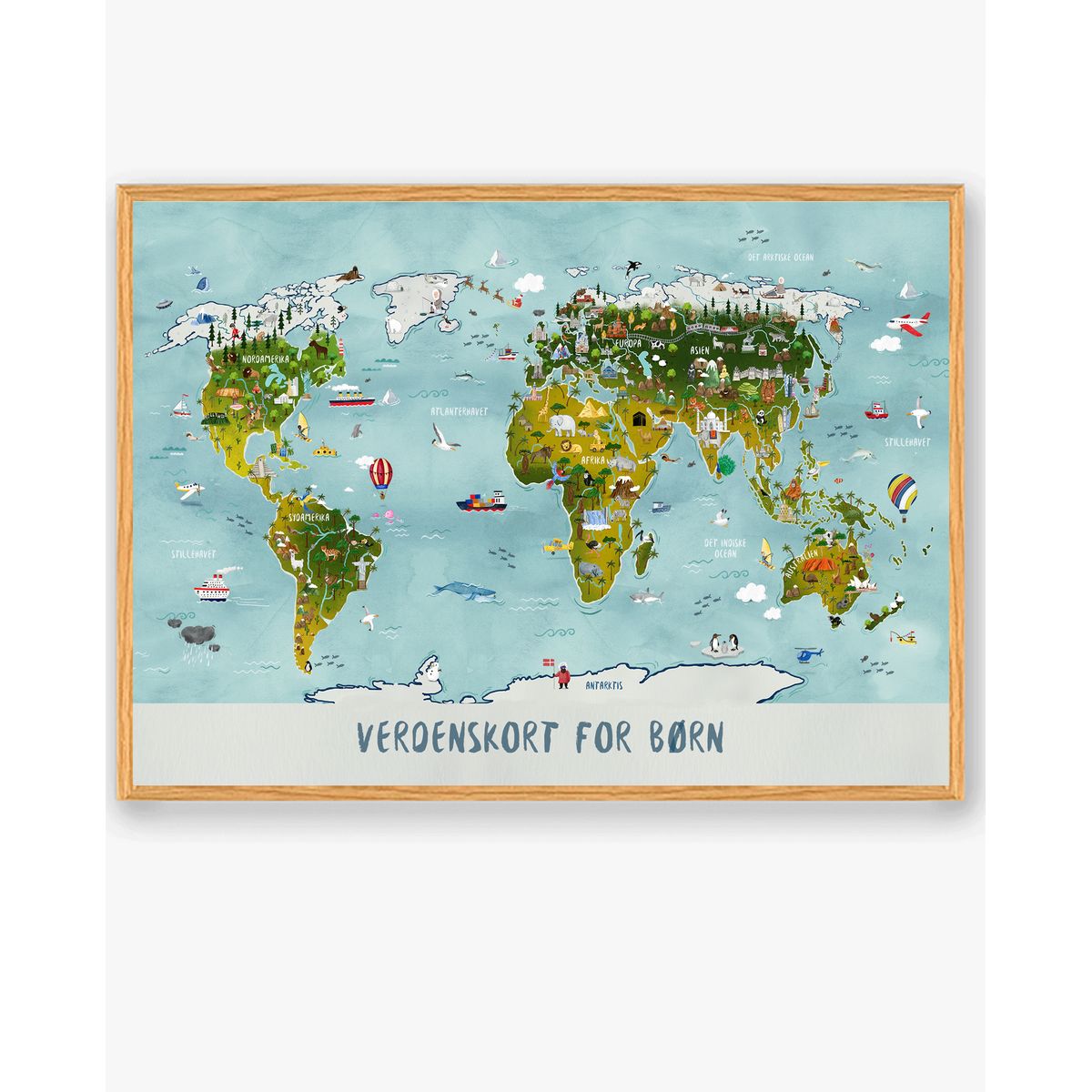 Verdenskort til børn - håndtegnet plakat (Størrelse: L - 50x70cm (B2))