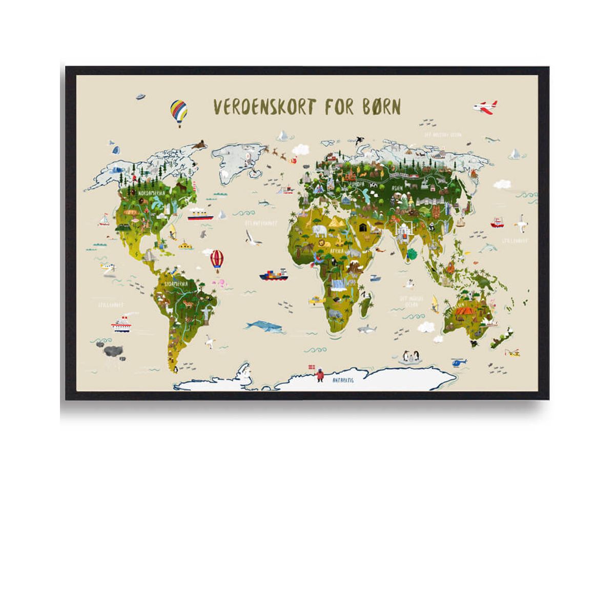 Verdenskort til børn - håndtegnet plakat (Størrelse: L - 50x70cm (B2))